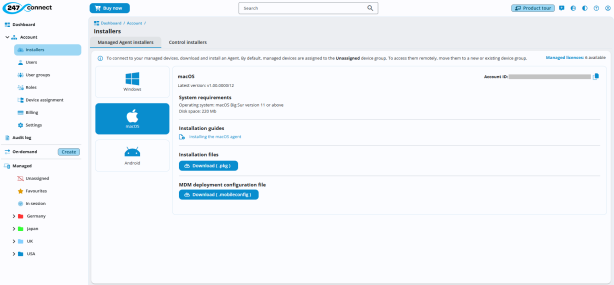 247connect Web Portal showing the Installers page with macOS selected and options to download the macOS agent and MDM configuration file.